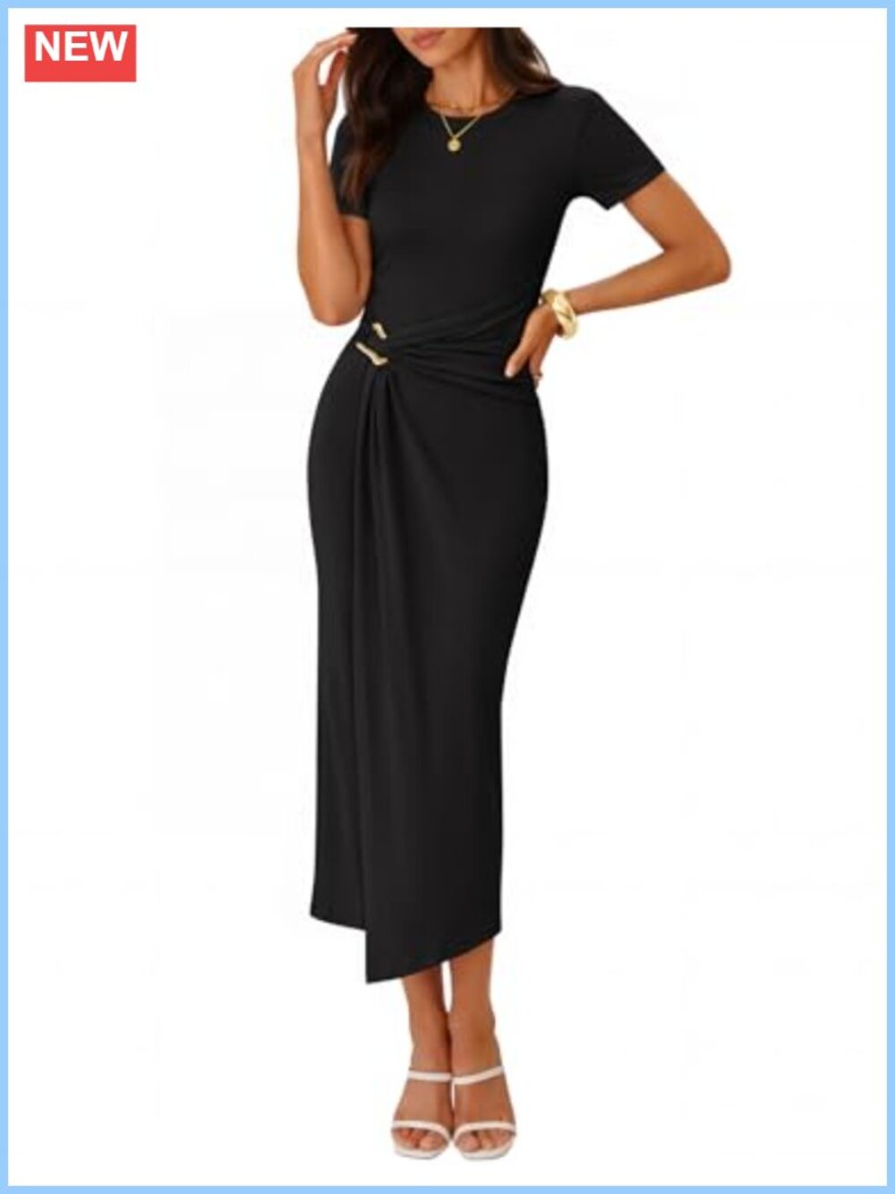 Summer Short Sleeve Wrap Cocktail Midi Dress Slim Fit Crew Neck